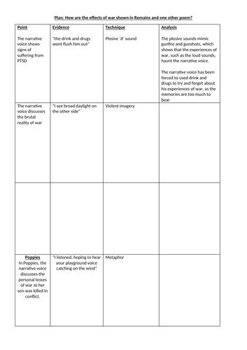 Remains and Poppies Comparison Planning Sheet