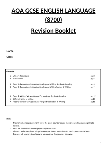 AQA GCSE English Language Revision Booklet