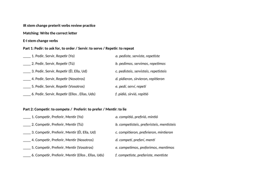 IR stem change preterit verbs quick practice