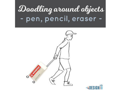 Doodling around objects! Printable art worksheet - "pen, pencil, eraser" theme