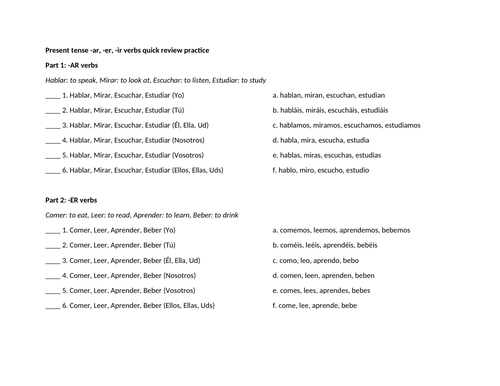 Present tense regular verbs quick review practice