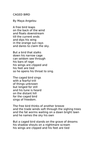 Teacher Resource Gcse English Literature Caged Bird By Maya Angelou Teaching Resources