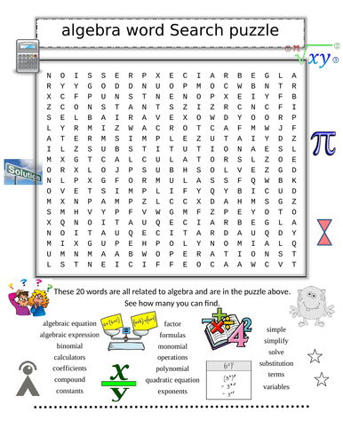 Algebra word search puzzle 20 algebra words to find teaching resources