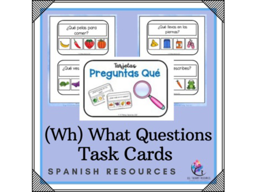 SPANISH VERSION Wh (What Questions) Task Cards - visual supports Speech Therapy