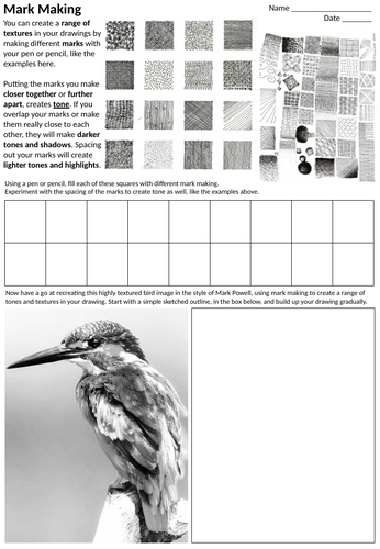 Bird Themed Mark Making Texture & Tone Art Worksheet, Cover Lesson or Homework