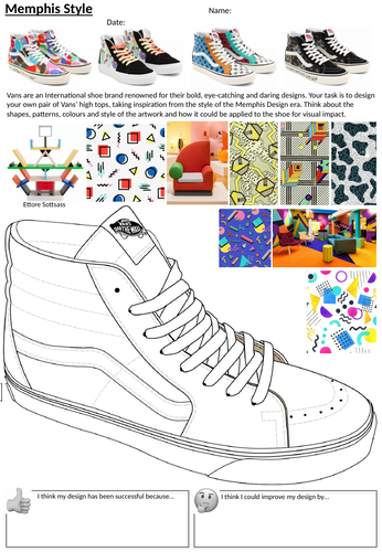 Memphis Design Art Movement, Fashion, Shoe Design Worksheet, Cover Lesson or Homework  Activity