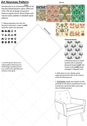 Art Nouveau Pattern Design Art Movement Cover Lesson, Worksheet or Homework Activity