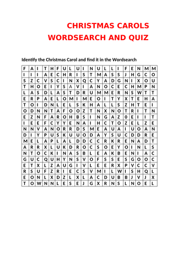 CHRISTMAS CAROLS WORDSEARCH AND QUIZ