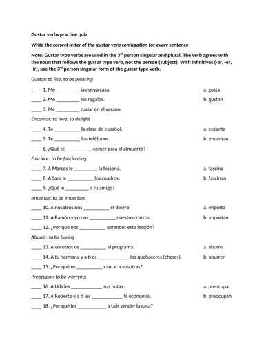 Gustar verbs practice quiz