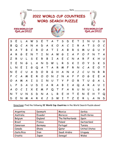2022 World Cup Countries Word Search Puzzle