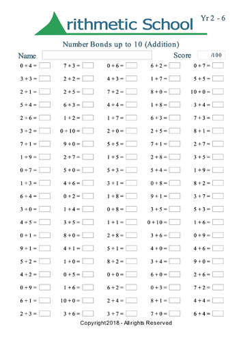 Addition and Subtraction number bonds to 10 tests