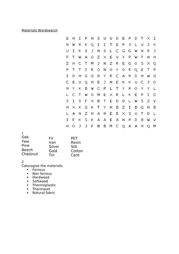 Materials wordsearch