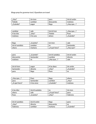 Travel questions in Spanish- Basic interactions Bingo