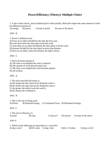 EFFICIENCY and POWER MULTIPLE CHOICE Grade 11 Physics WITH ANSWERS (8 PGS)