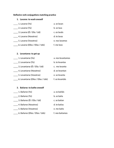 Reflexive verbs conjugations matching practice