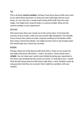 Fair, reliable and accurate experiments summary sheet