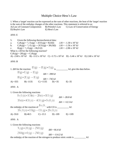 HESS'S LAW and ENERGY DIAGRAMS Multiple Choice Grade 12 Chemistry WITH ANSWERS (11 PAGES)
