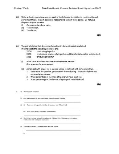 Revision Sheet DNA RNA & Sexed linked Crosses with marking schemes HL Biology Pre Questions