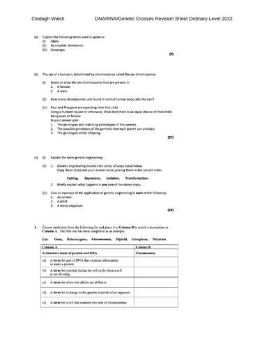 Revision Sheet DNA RNA & Sexed linked Crosses with marking schemes OL Biology Pre Questions