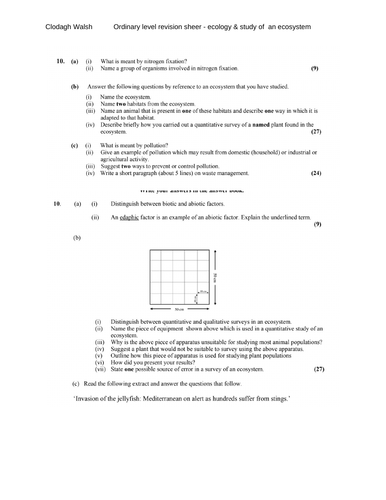 Revision Sheet Ecology & Study of an ecosystem with marking schemes OL Biology Pre Questions