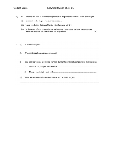 Enzymes - Revision Sheet OL Pre questions with marking schemes