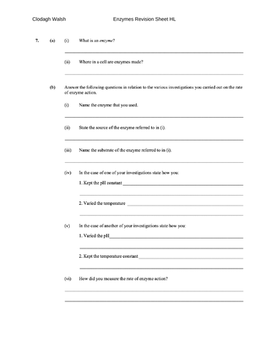 Enzymes & Enzyme carriers- Revision Sheet HL Pre questions with marking schemes