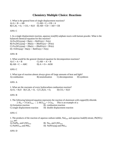 Chemical Reactions Chemistry Multiple Choice Grade 10 Science With Answers 28pgs Teaching