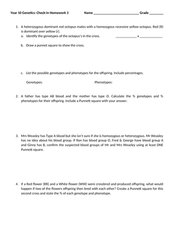 Genetics check-in sheet 3 Victorian curriculum Year 10 AUSTRALIA