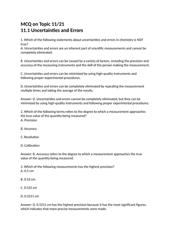 MCQ pack on Topic 11/21 Measurement,data processing and analysis