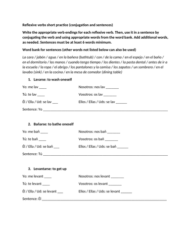 Reflexive verbs short practice (conjugation and sentences)