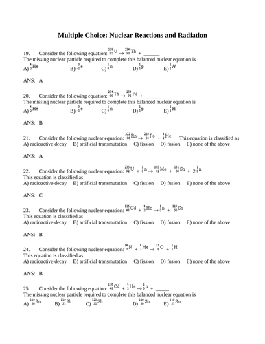NUCLEAR REACTIONS and RADIATION Multiple Choice Questions (30 pages)