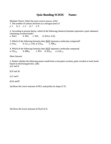 4 Bonding Quizzes (Ionic, Covalent, Metallic Bonding) Grade 11 Chemistry Ver. 1