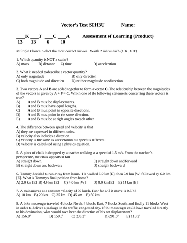 TEST VECTORS Test Grade 11 Physics Vectors PHYSICS TEST WITH ANSWERS #8