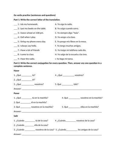 Go verbs practice questions and sentences