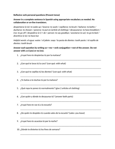 Reflexive verbs personal questions