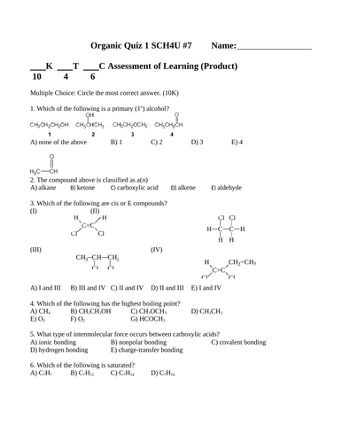 QUIZ ORGANIC COMPOUNDS Quiz WITH ANSWERS Naming, Functional Groups, Isomers #7