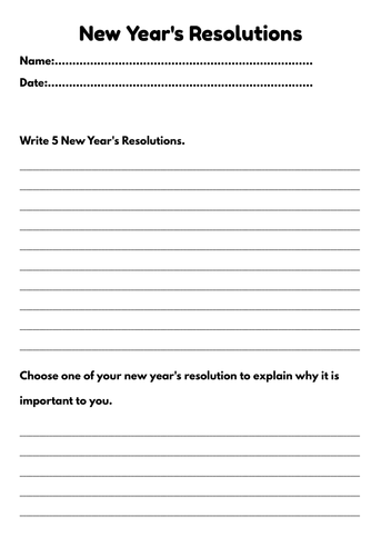 New year's resolution worksheet or template