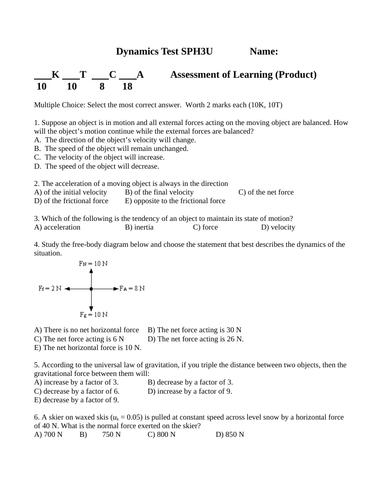 FORCES TEST Dynamics Physics Test Grade 11 Physics TEST WITH ANSWERS ...