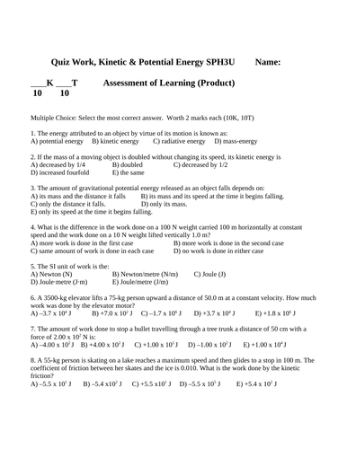 QUIZ ENERGY AND WORK Quiz Grade 11 Physics Quiz WITH ANSWERS Ver. #9