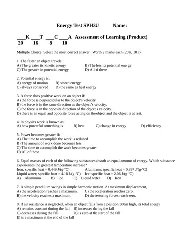 Test WORK AND ENERGY UNIT TEST Grade 11 Physics Test WITH ANSWERS Ver. #8