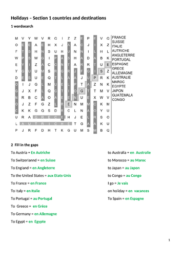 Year 8 worksheets French- holidays