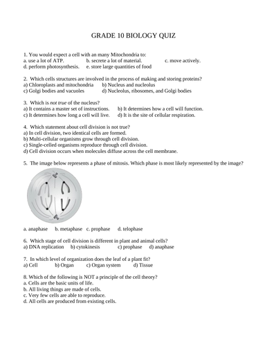 Grade 10 BIOLOGY QUIZ Grade 10 Science Quiz (15 Multiple Choice WITH ANSWERS)