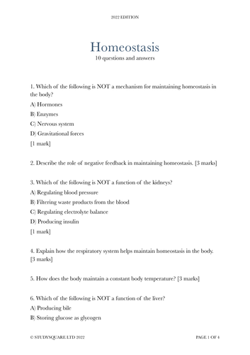 Homeostasis for AQA A-level Biology (Questions + Answers) | Teaching ...