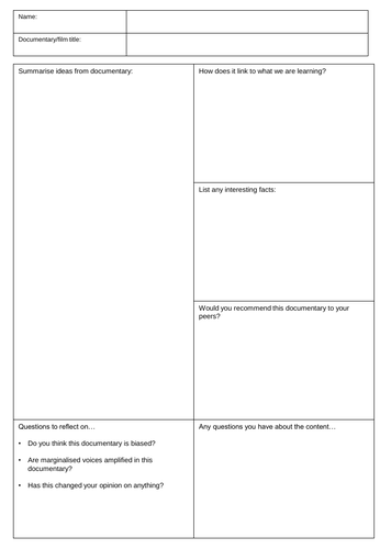 Blank documentary worksheet for cover