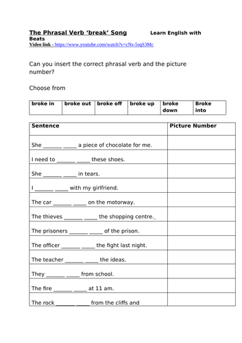 Phrasal verb 'break' song and activities