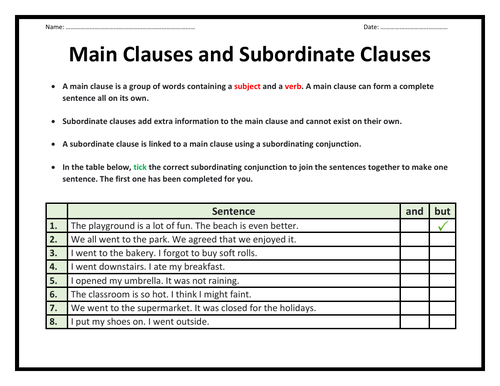 Main Clauses and Subordinate Clauses - Worksheet