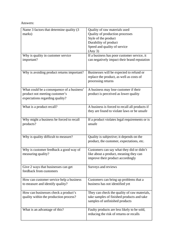 GCSE Business Test - Quality