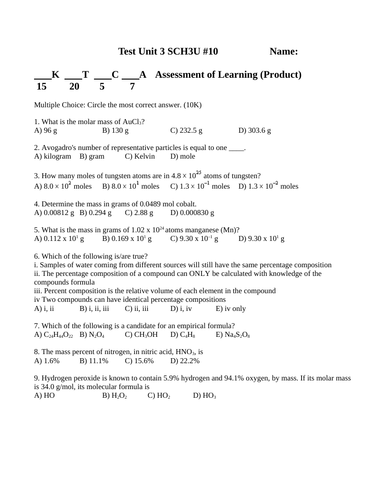 TEST STOICHIOMETRY Chemistry Test Grade 11 Chemistry Test WITH ANSWERS #10
