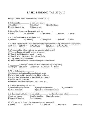 Periodic table quiz periodic table multiple choice chemistry quiz with 