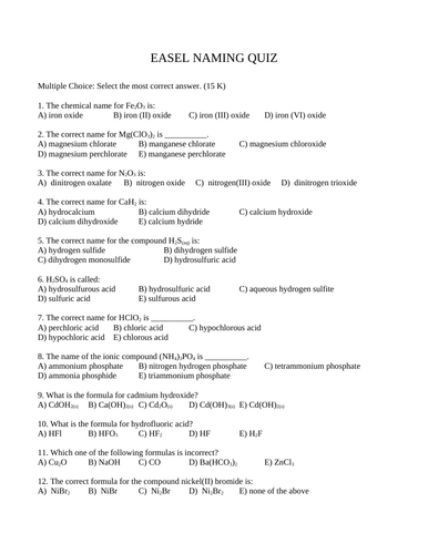 QUIZ NAMING AND PREDICTING CHEMICAL FORMULAS Quiz Naming Quiz WITH 